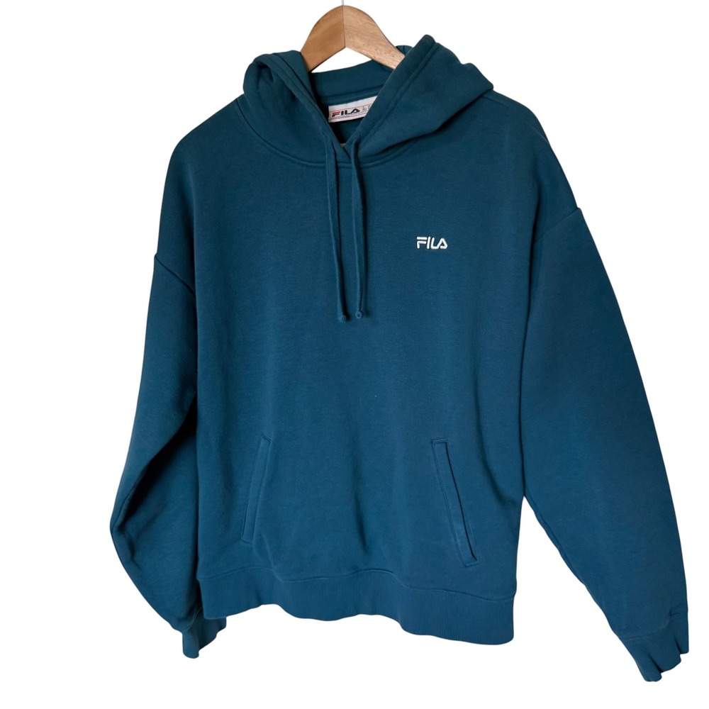Fila Hoodie Women XL Teal Blue Excellent Pullover Embroidered Logo Fleece Sport